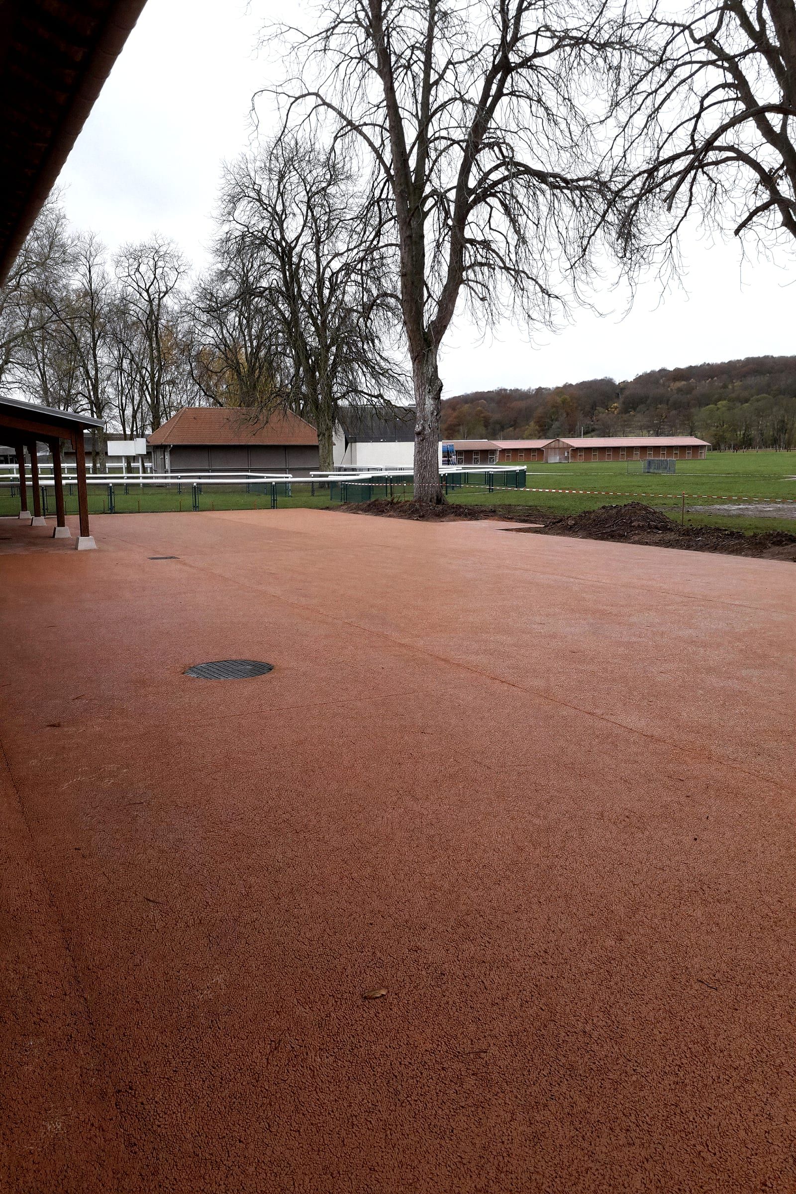 Surface extérieure en béton désactivé au pied d’un bâtiment